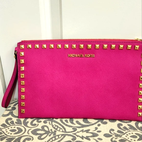 Michael Kors Large Pink Studded Clutch - Picture 2 of 8